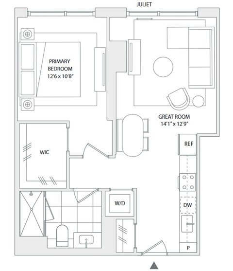 Floor plan for 1 bed, 1 bath, 669 sqft
